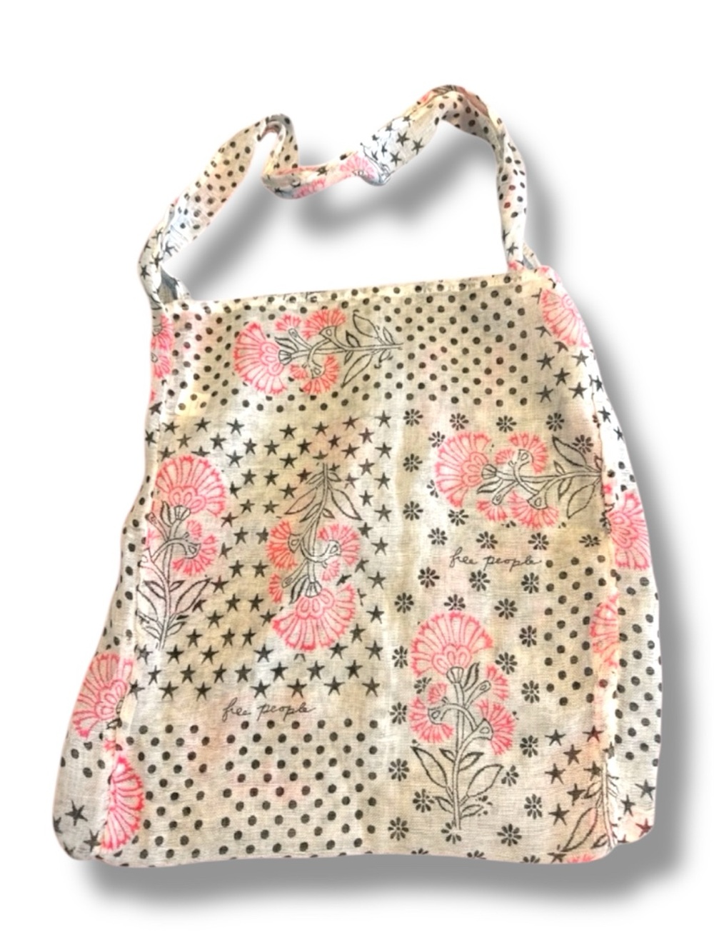 Free People Pink Floral Canvas Tote with Black Dot Print